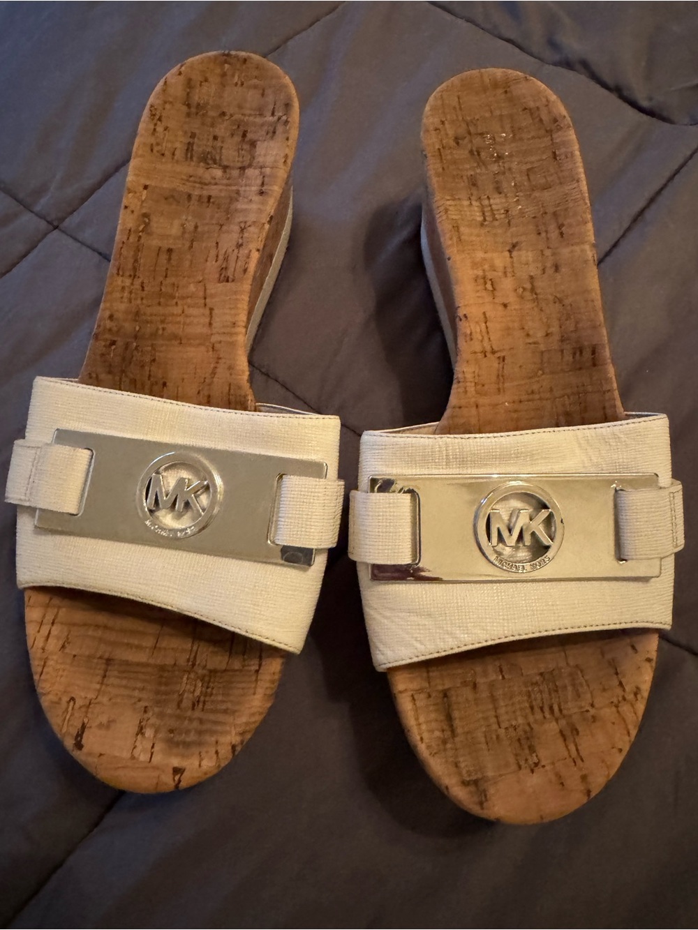 Michael Kors White and Silver MK Logo Cork Slide